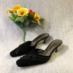 NWT - Jeweled Black Suede Pointed Mules with Satin Kitten Heels